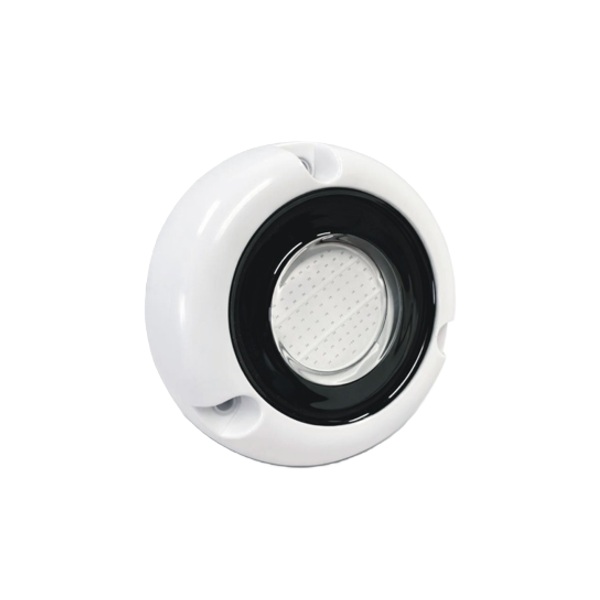 AquaIDEA JB20L 40W COB LED underwater marine transom light emitting a bright warm white glow.