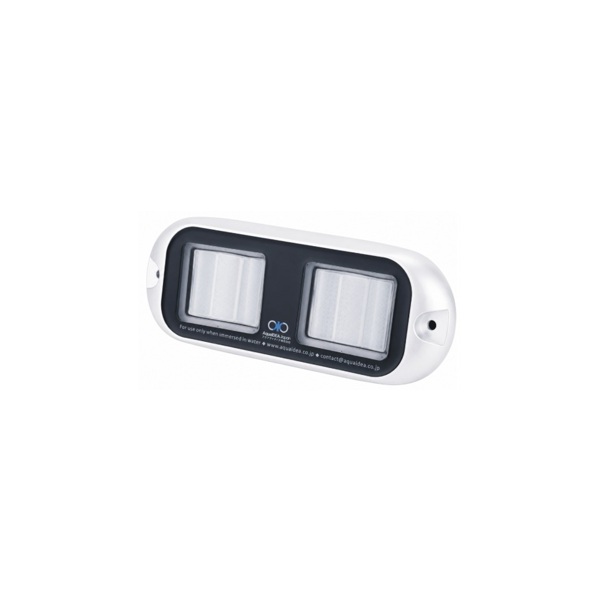 AquaIDEA JB40L 60W COB LED underwater marine transom light emitting a bright warm white glow.