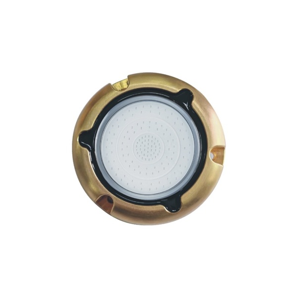 AquaIDEA JB50W 60W COB LED underwater marine transom light emitting a bright warm white glow.