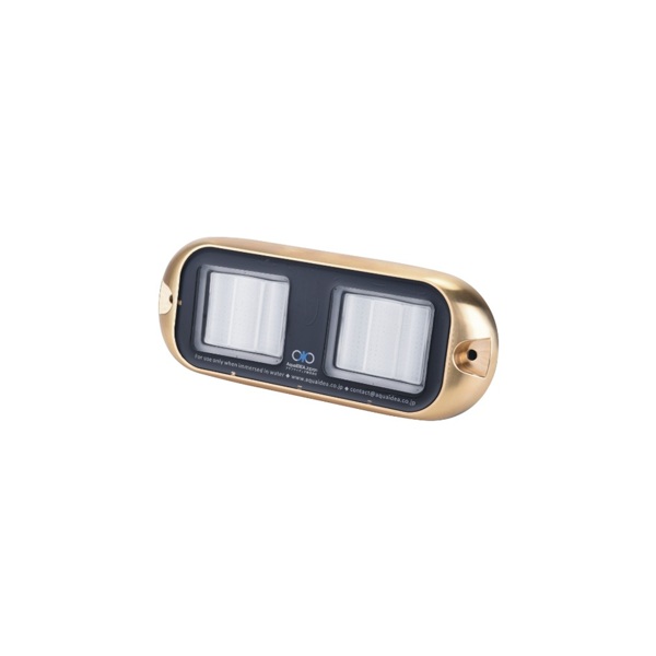 AquaIDEA JB60W 80W COB LED underwater marine transom light emitting a bright warm white glow.